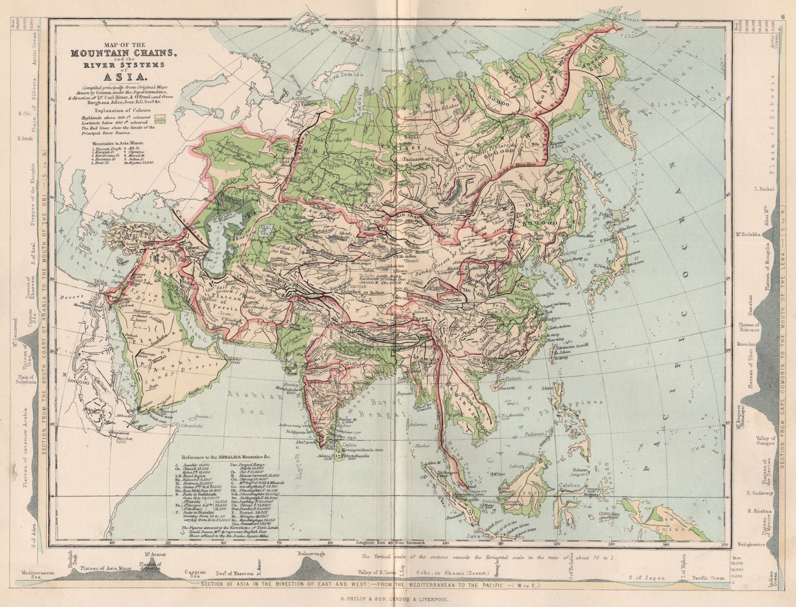 ASIA. Map of the Mountain Chains and the River systems of Asia 1886 old